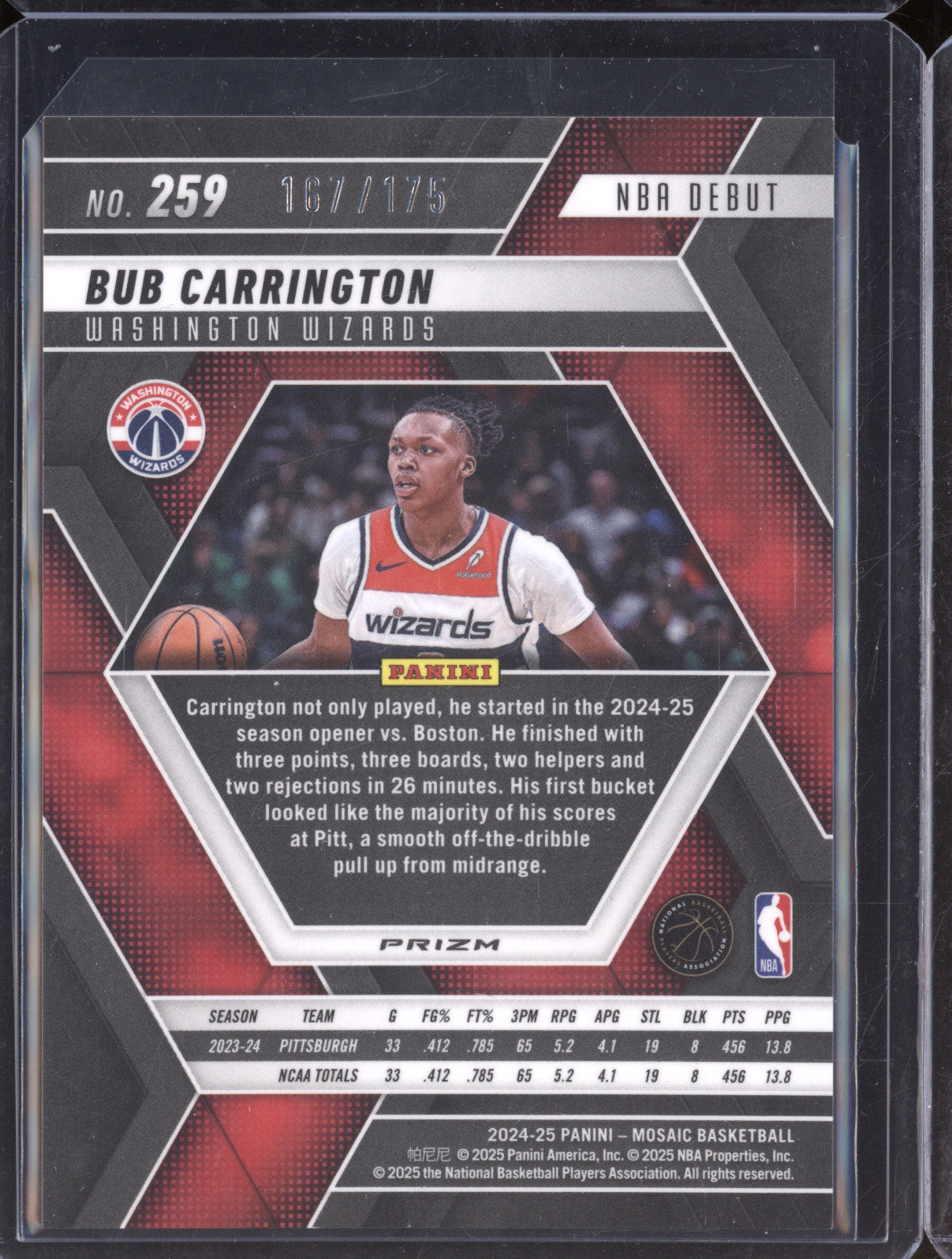 Bub Carrington 2024-25 Panini Mosaic 259 NBA Debut Pink RC 167/175