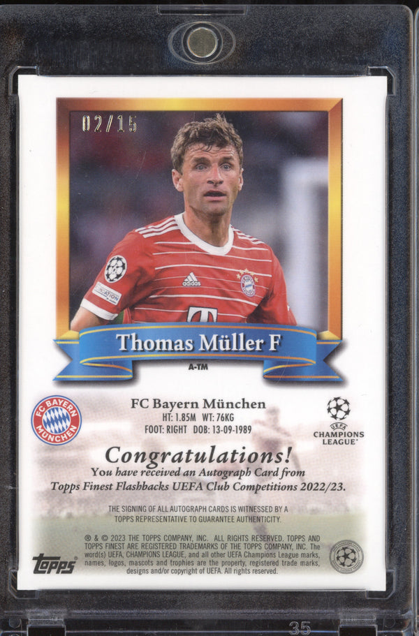 Thomas Muller 2022-23 Topps Finest Flashbacks UCC A-TM Gold Auto 2/15