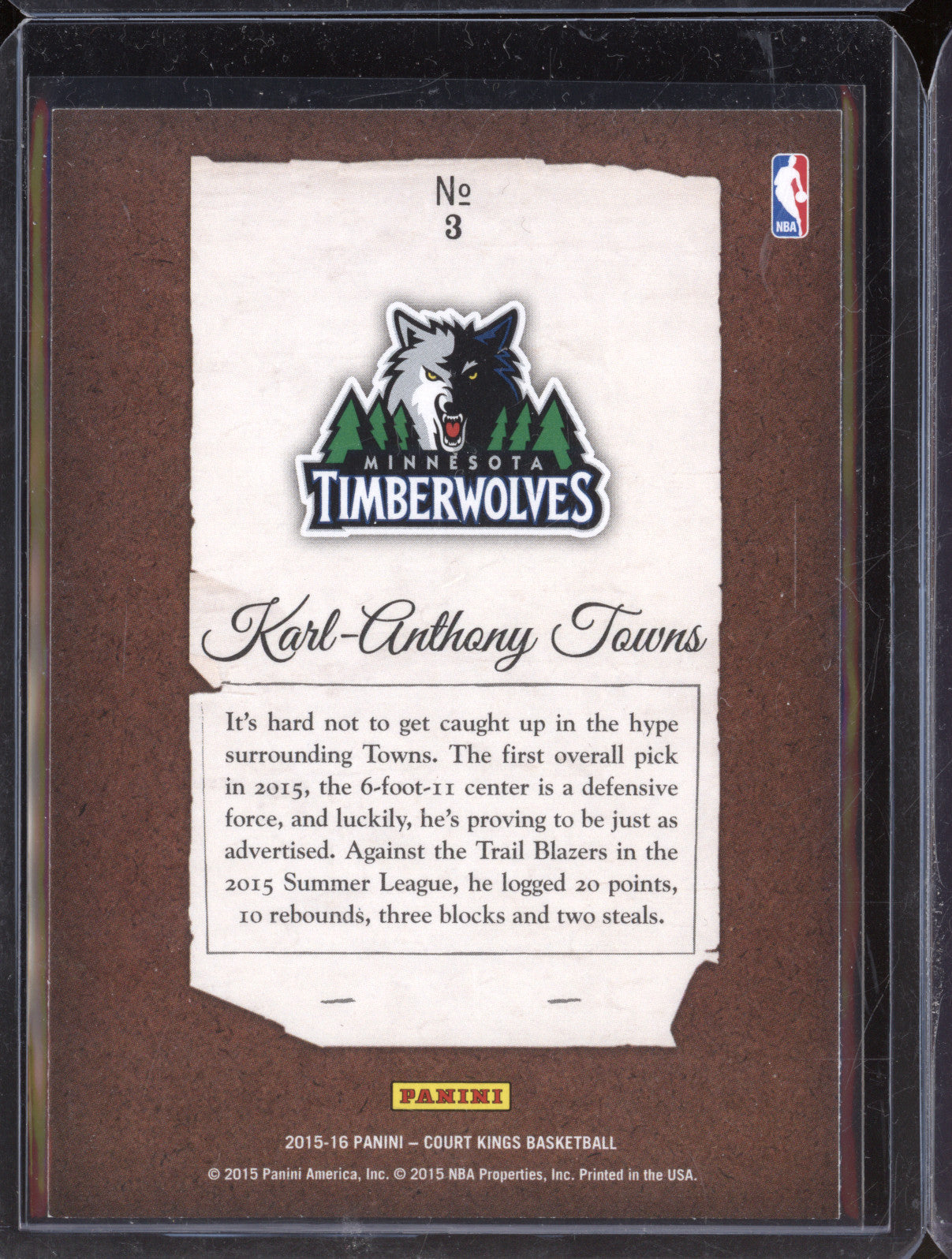 Karl-Anthony Towns 2015-16 Panini Court Kings 3 Portraits Rookies RC