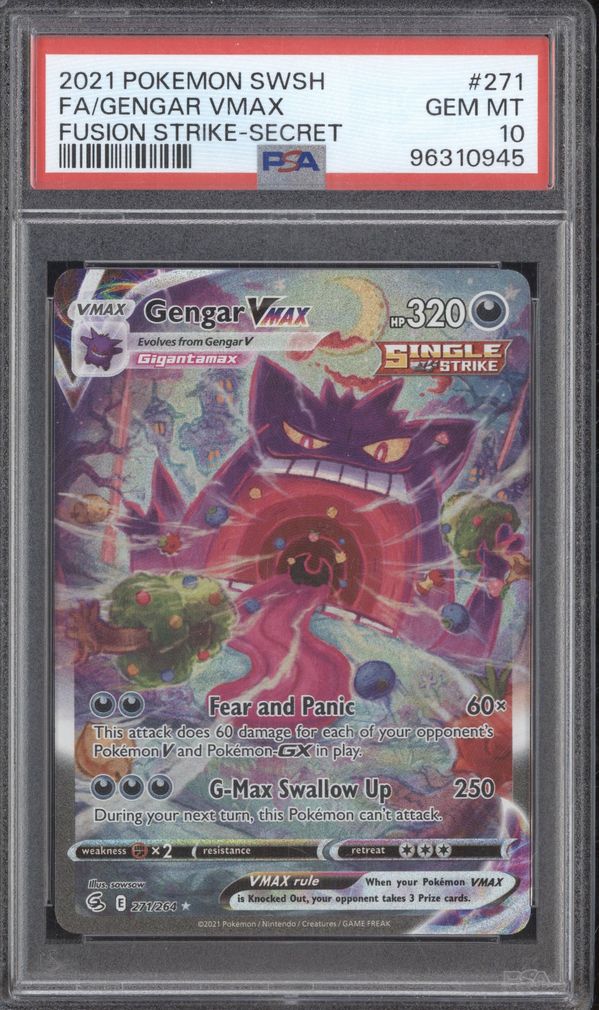 Gengar VMax 2021 Pokemon Fusion Strike 271/264 Secret Rare PSA 10