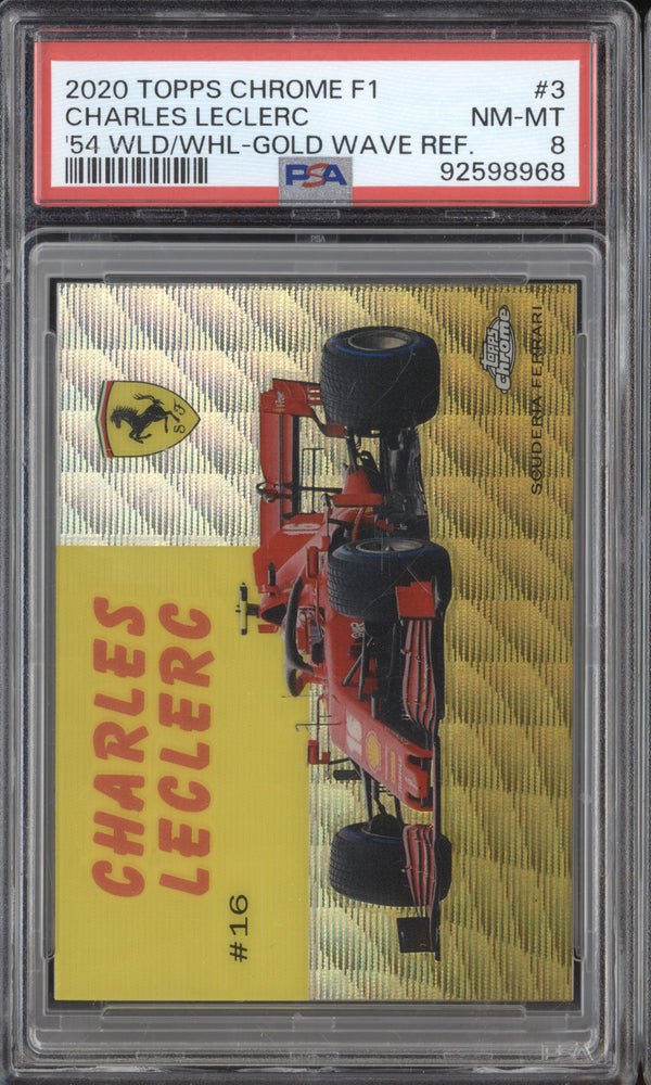 Charles Leclerc 2020 Topps Chrome F1 1954 World on Wheels Gold Wave 46/50 PSA 8