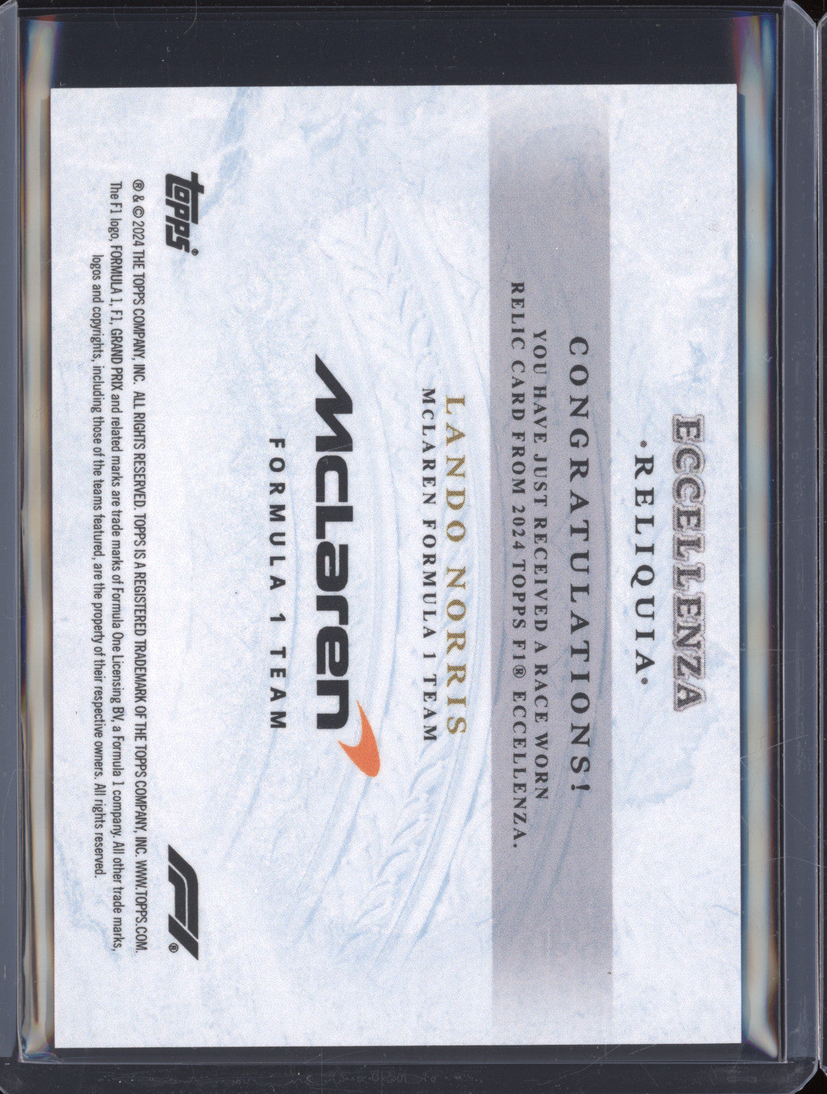 2024 Topps Formula 1 Eccellenza Reliquia Lando Norris Race Worn Suit 25/49