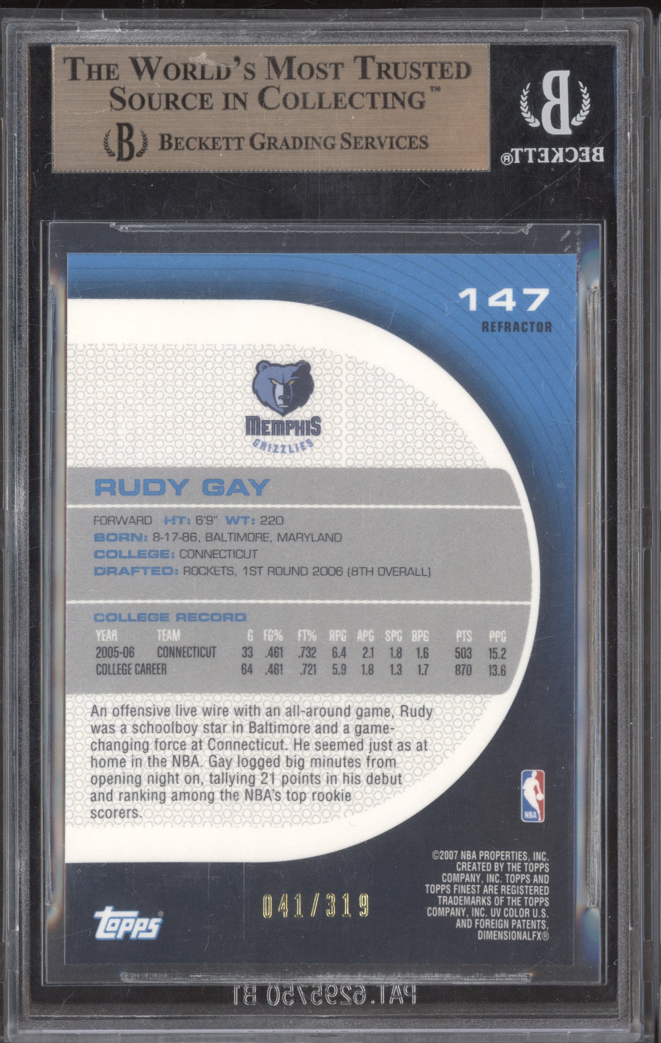 Rudy Gay 2005-06 Topps Finest 147 Red Refractors 41/319 BGS 10