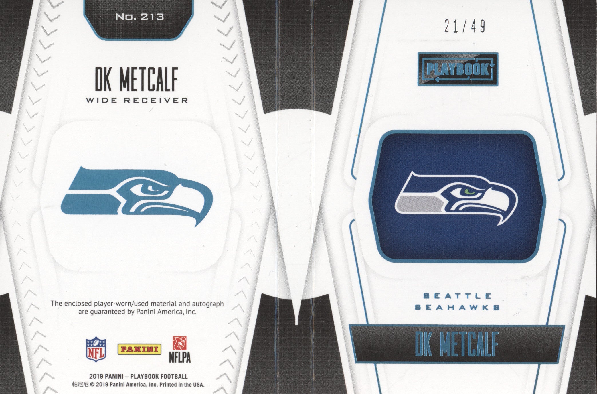 DK Metcalf 2019 Panini Playbook 213 Rookie Jumbo Memorabilia Booklet 21/49