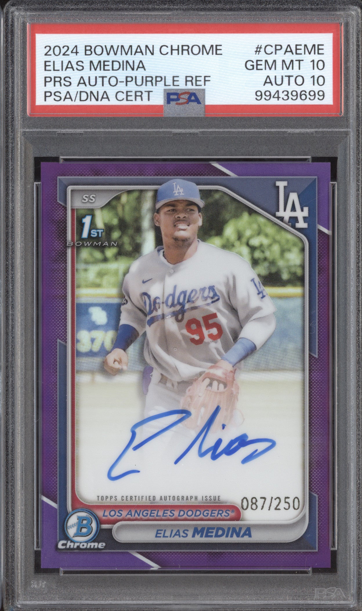 Elias Medina 2024 Bowman Chrome CPA-EME Prospect Auto Purple RC 87/250 PSA 10/10