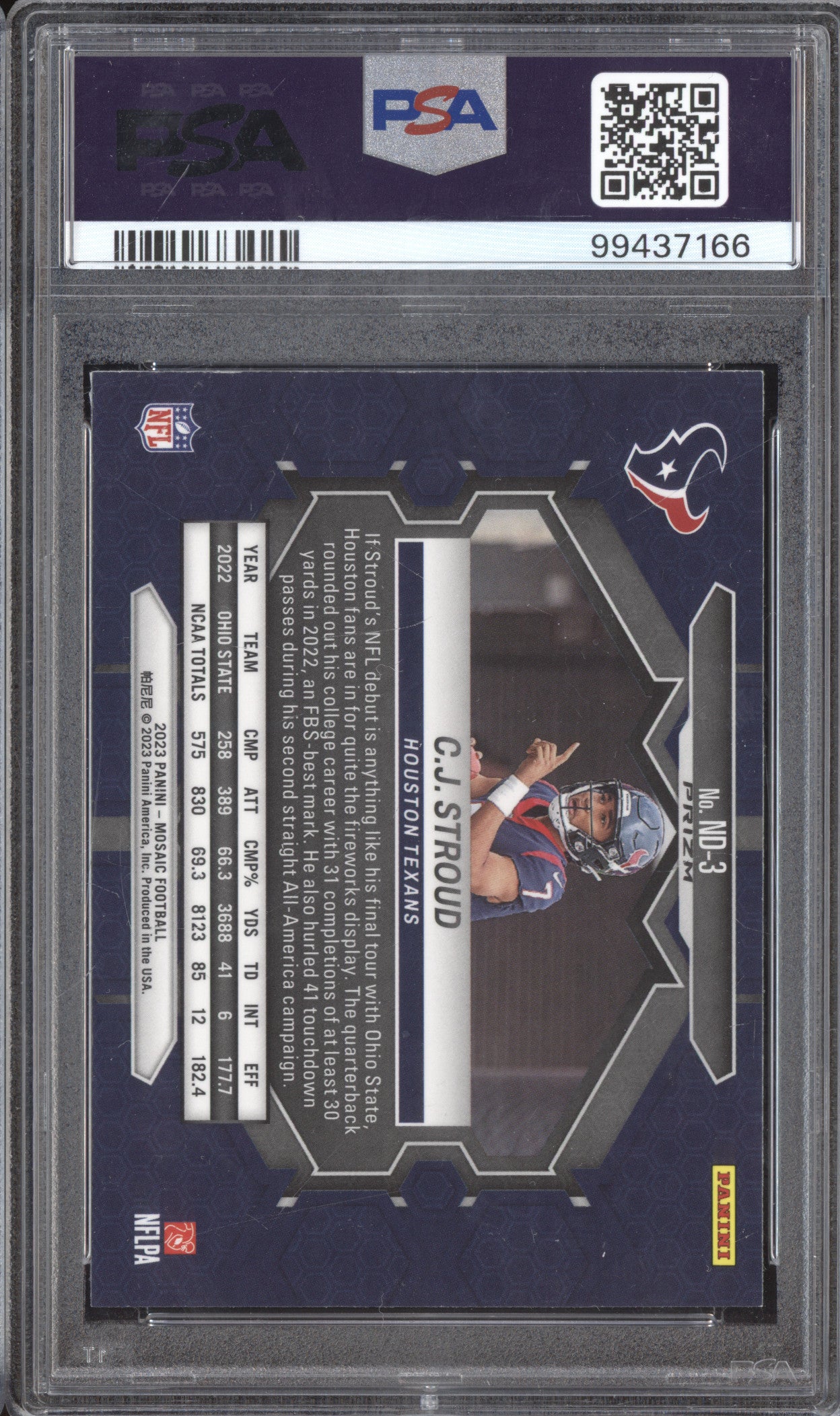 CJ Stroud 2023 Panini Mosaic ND-3 NFL Debut Mosaic RC PSA 9