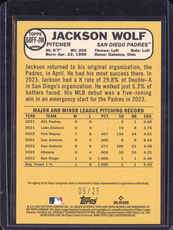 Jackson Wolf 2024 Topps Archives 68FF-JW 1968 Fan Favorites Blue  Auto RC 5/25