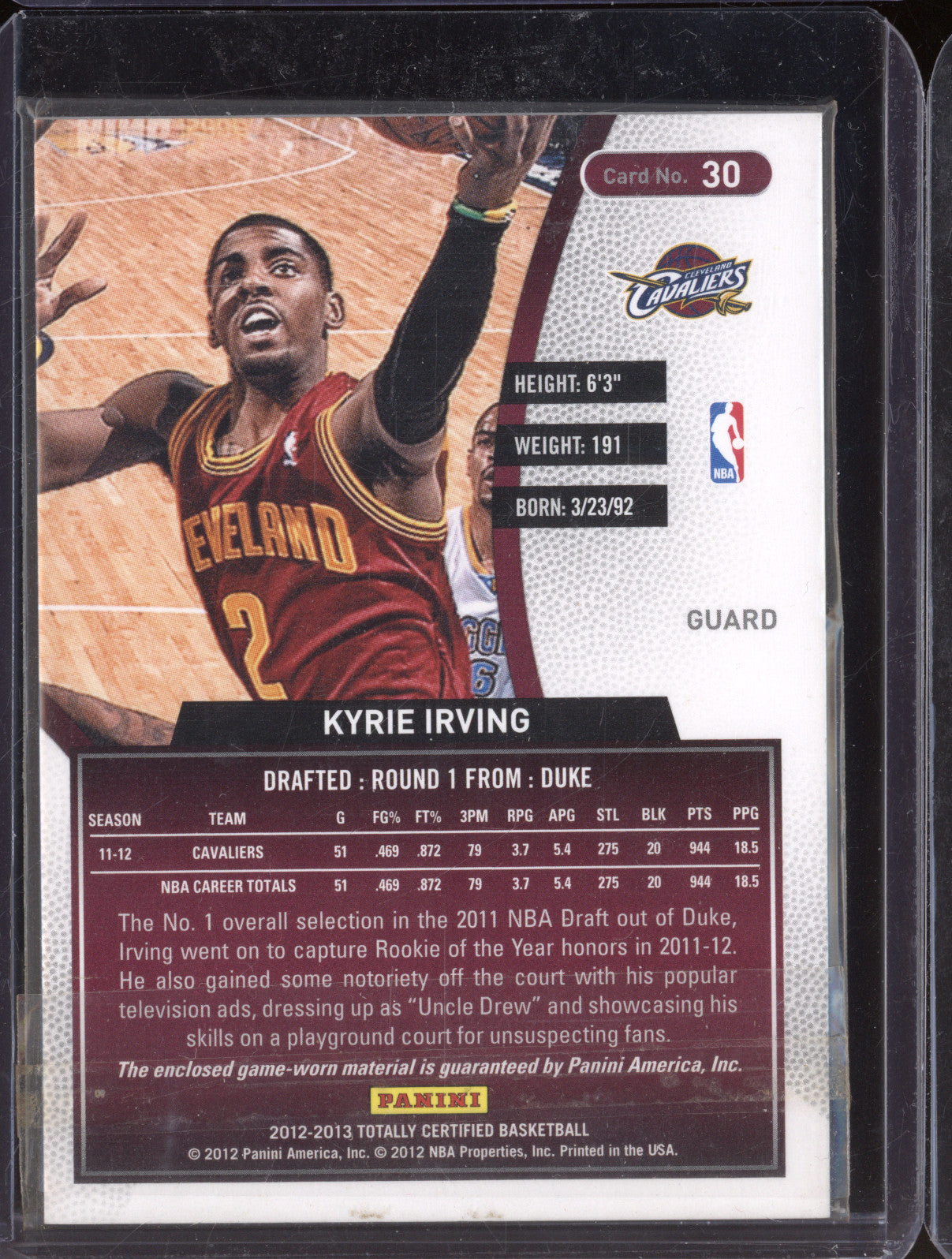 Kyrie Irving 2012-13 Panini Totally Certified 30 Red Materials