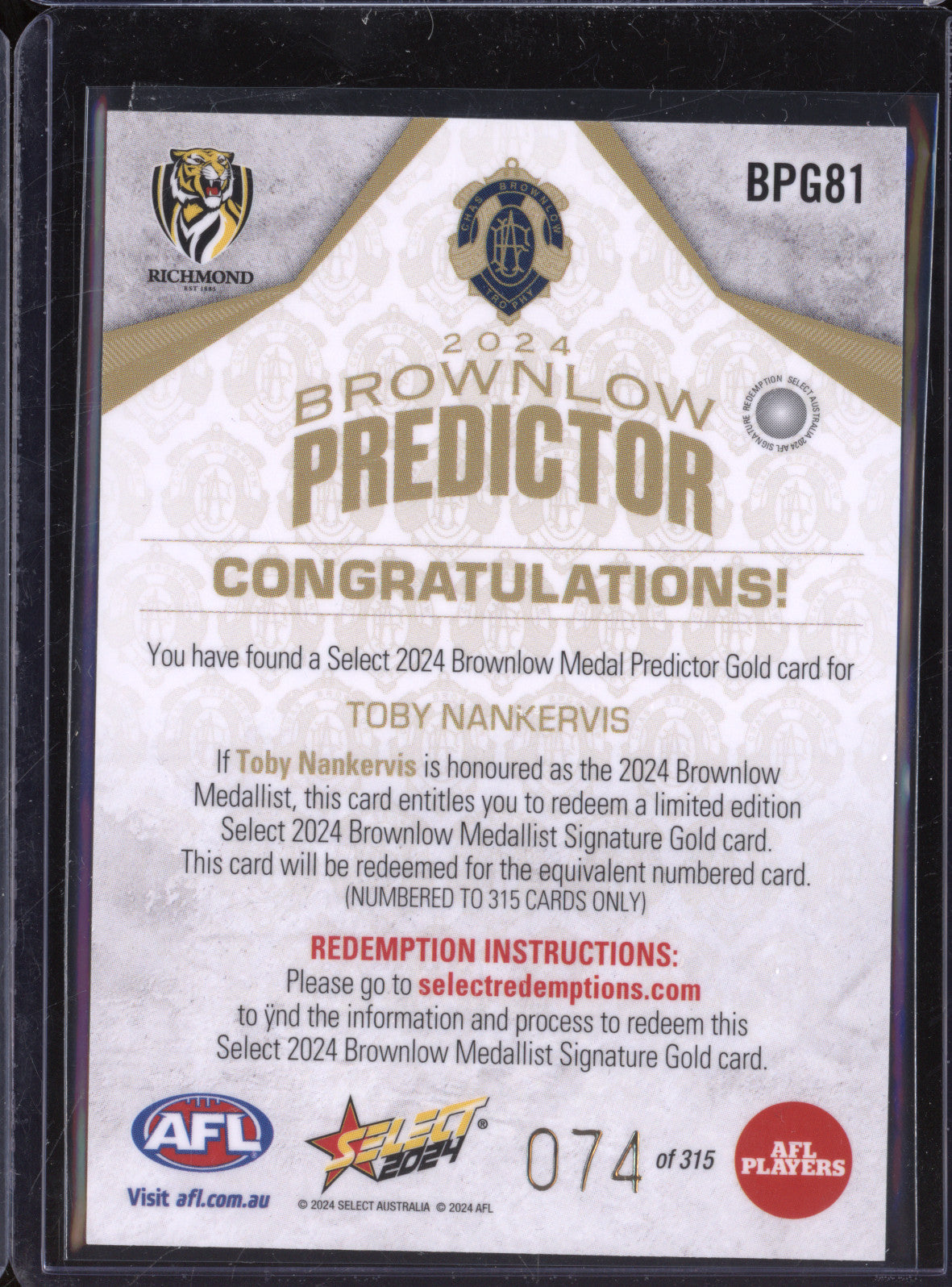 Toby Nankervis 2024 Select Footy Stars BPG81 Brownlow Predictor Gold 74/315