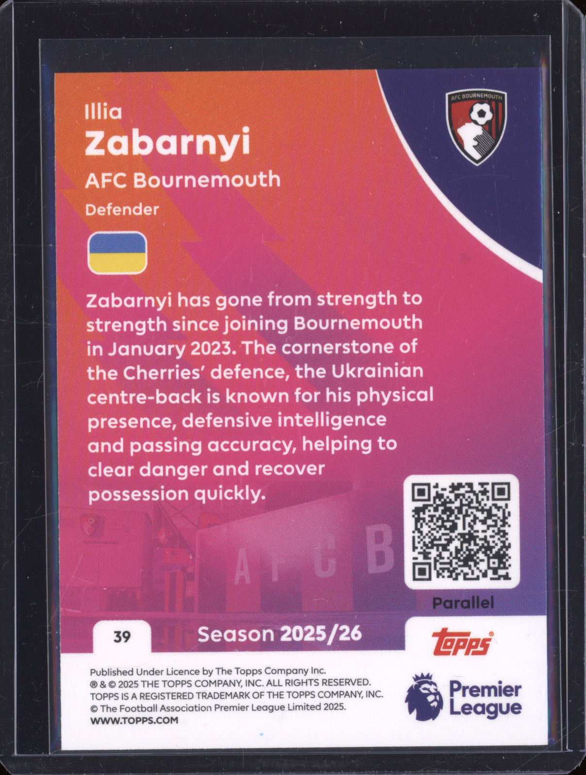 Illia Zabarnyi 2025-26 Topps Premier League 39 Gold 1/50