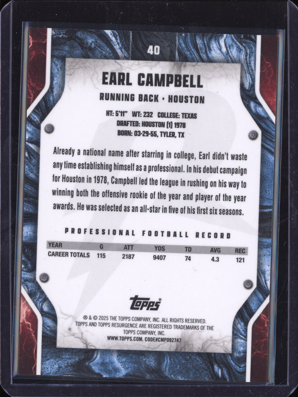 Earl Campbell 2024 Topps Resurgence 40 Black Static 1/2