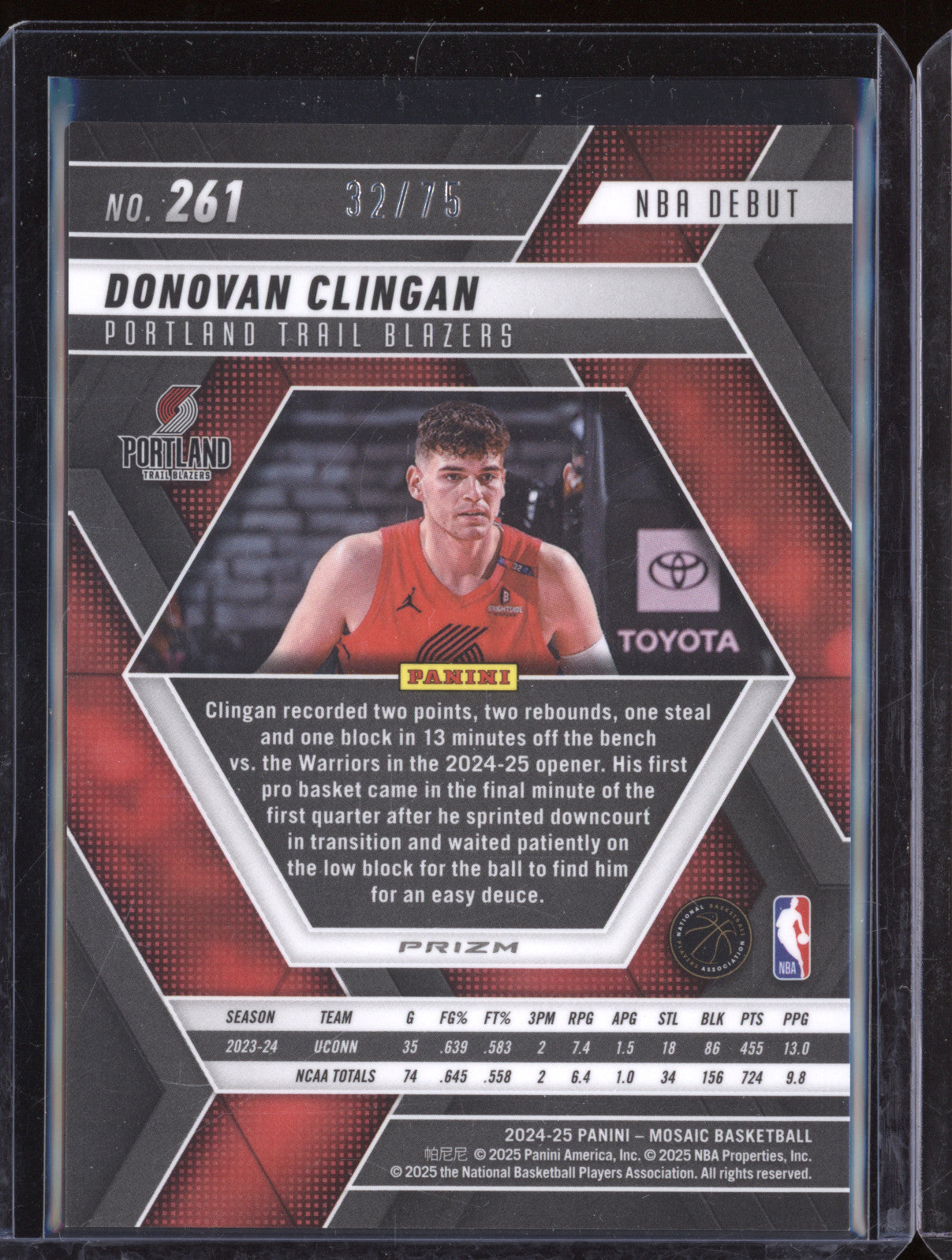Donovan Clingan 2024-25 Panini Mosaic 261 NBA Debut Bronze RC 32/75