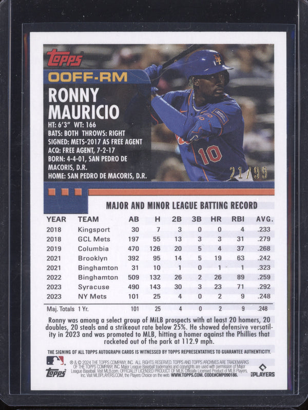 Ronny Mauricio 2024 Topps Archives 00FF-RM 2000 Fan Favorites Green Auto RC /99