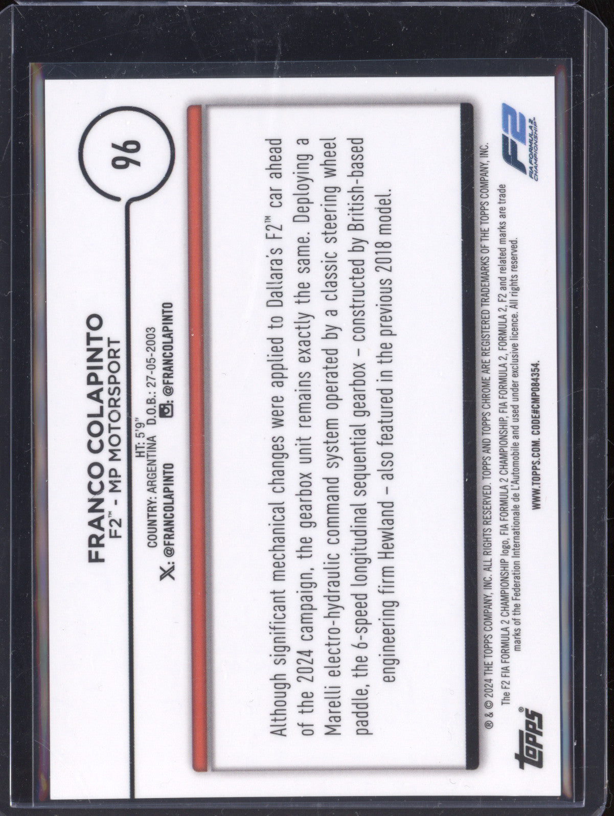 Franco Colapinto 2024 Topps Chrome 96 Checker Flag Orange Refractor 24/25