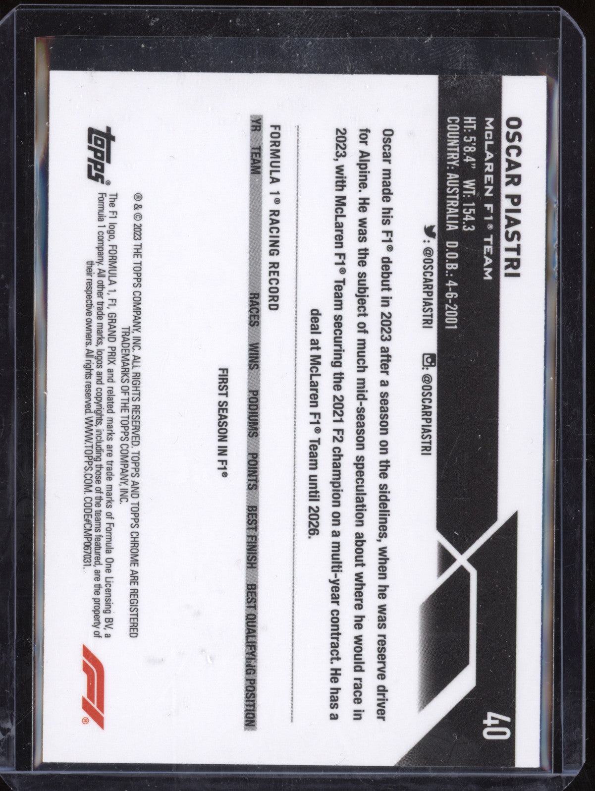 Oscar Piastri 2023 Topps Chrome 40 RC