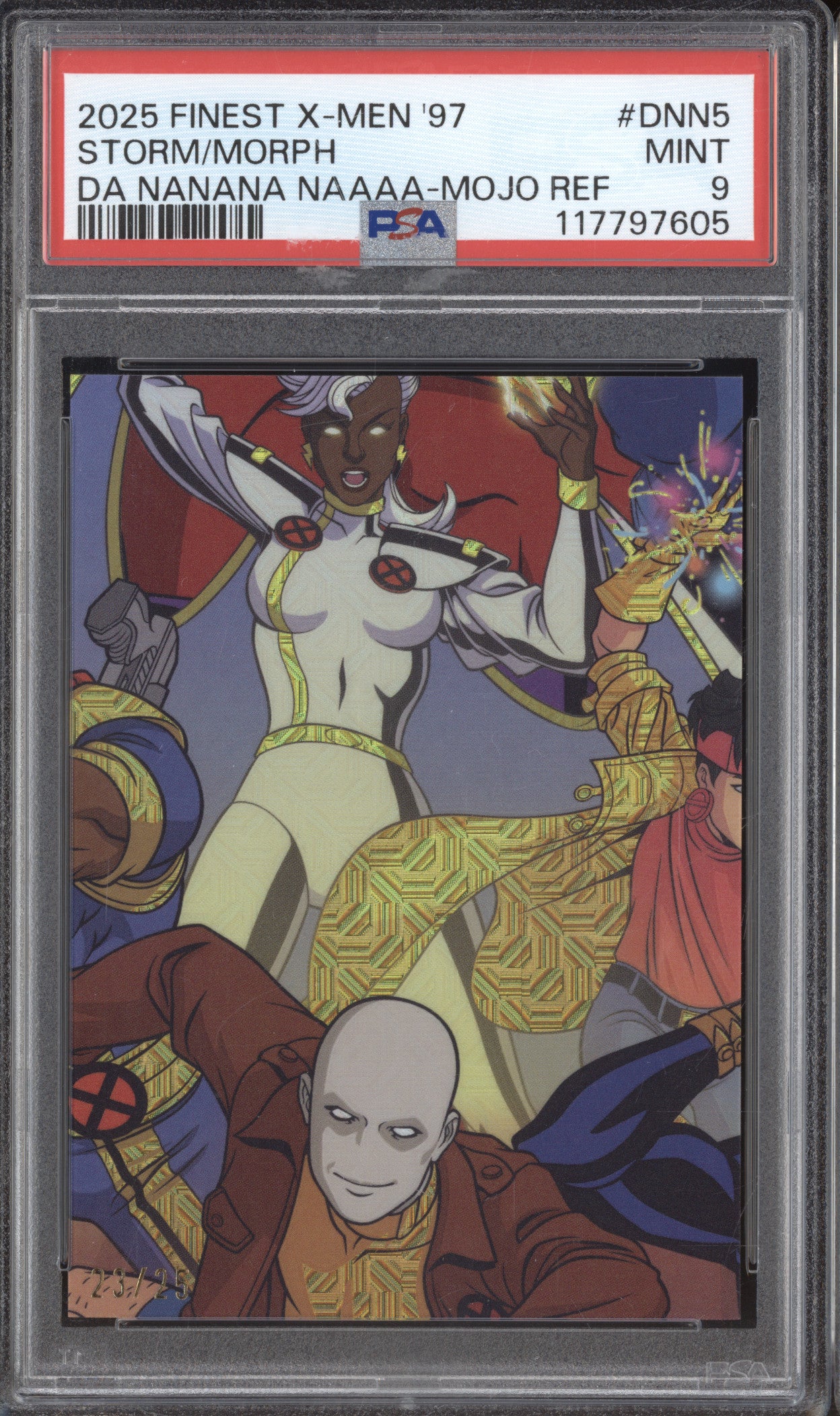 Storm/Morph 2025 Topps Finest X-Men '97 DNN-5 Da Nanana Naaaa Mojo 23/25 PSA 9