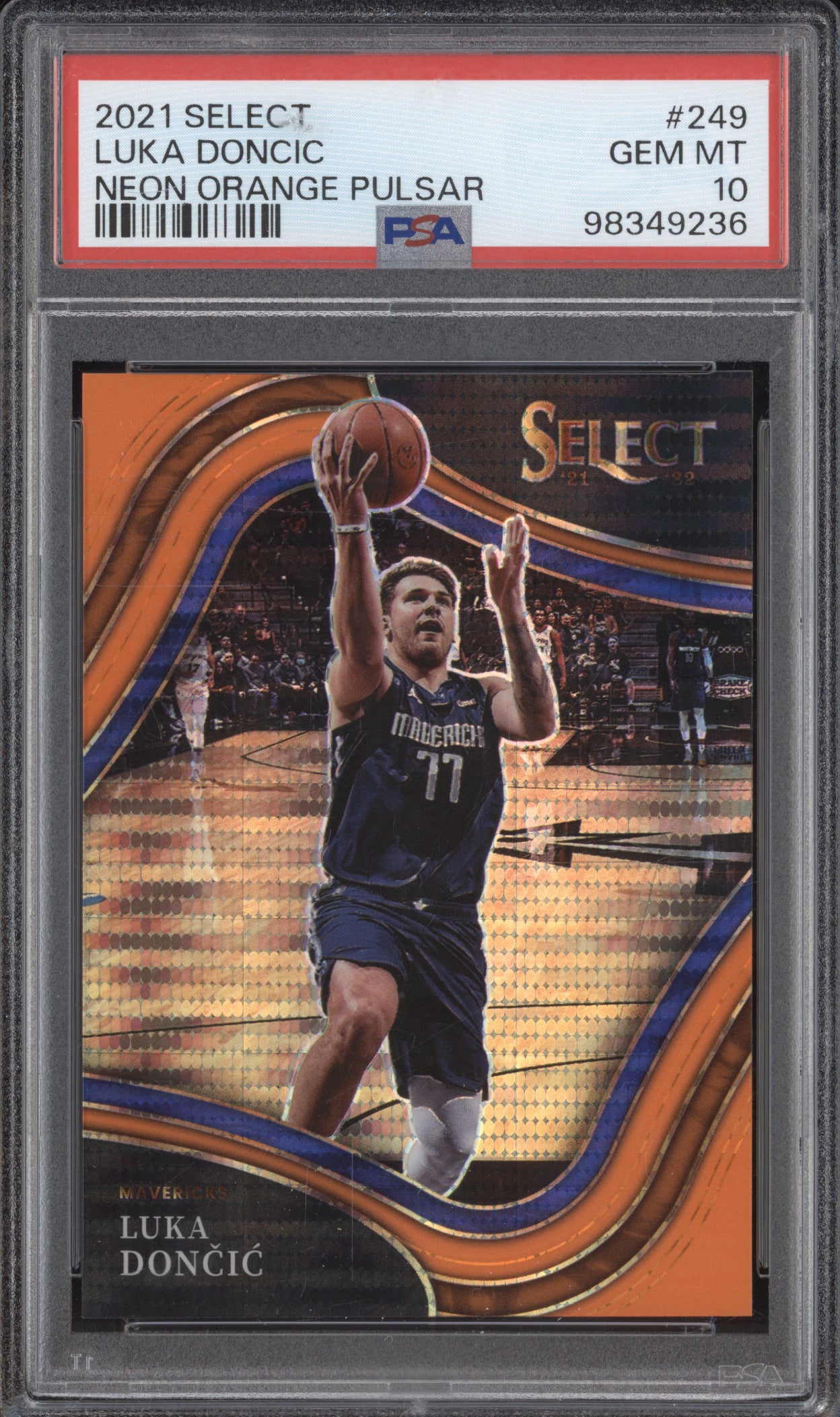 Luka Doncic 2021-22 Panini Select 249 Neon Orange Pulsar 4/15 PSA 10