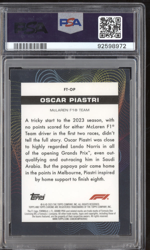 Oscar Piastri 2023 Topps Chrome F1 FT-OP Futuro RC PSA 10