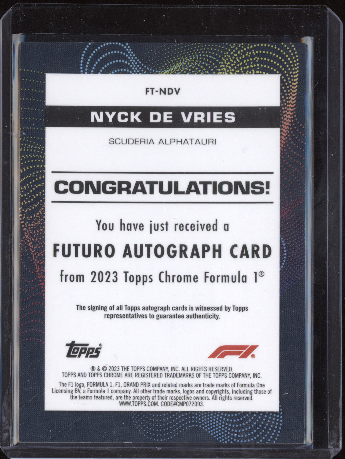 Nyck De Vries 2023 Topps Chrome F1 FT-NDV Futuro Auto Orange RC 15/25