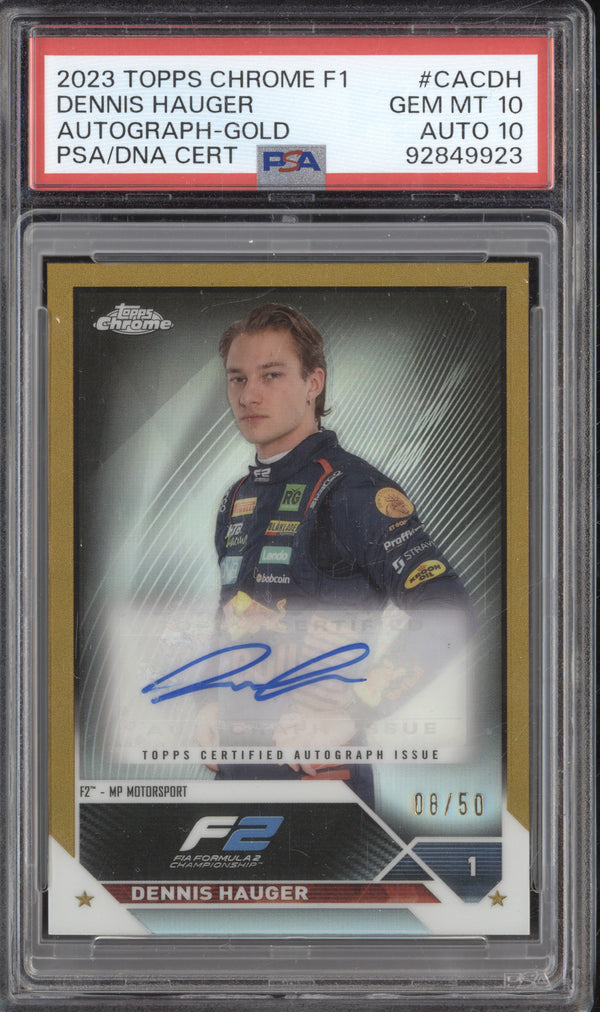 Dennis Hauger 2023 Topps Chrome F1 CAC-DH Gold Refractor Autograph 8/50 PSA 10/10