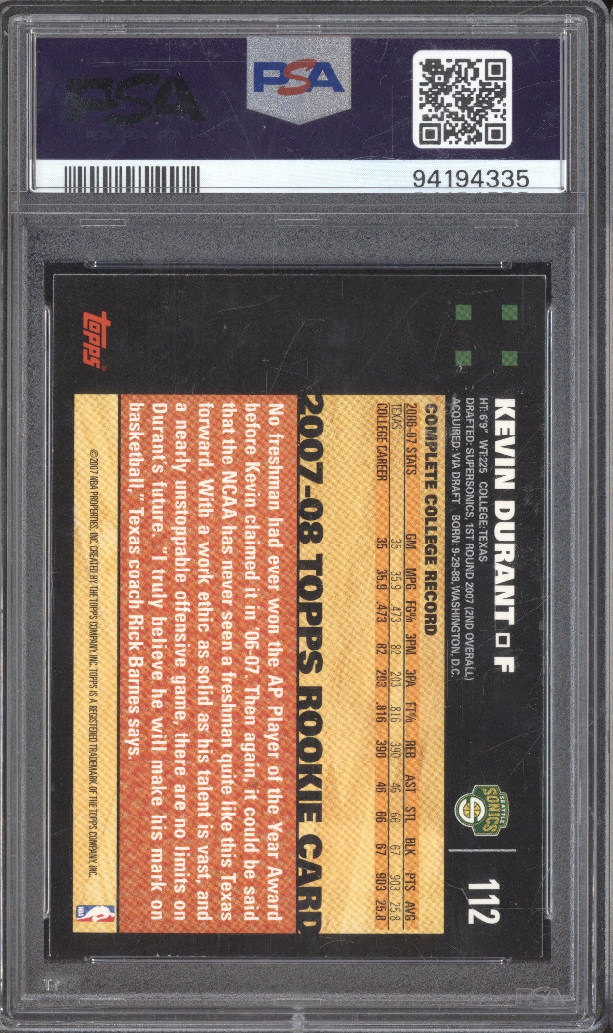 2007 Topps 112 Kevin Durant RC PSA 7