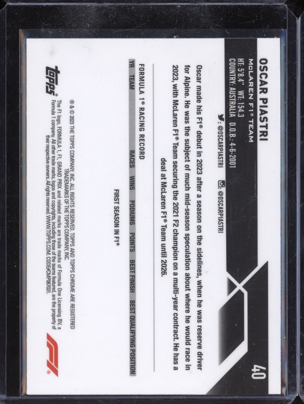 Oscar Piastri 2023 Topps Chrome 40 RC