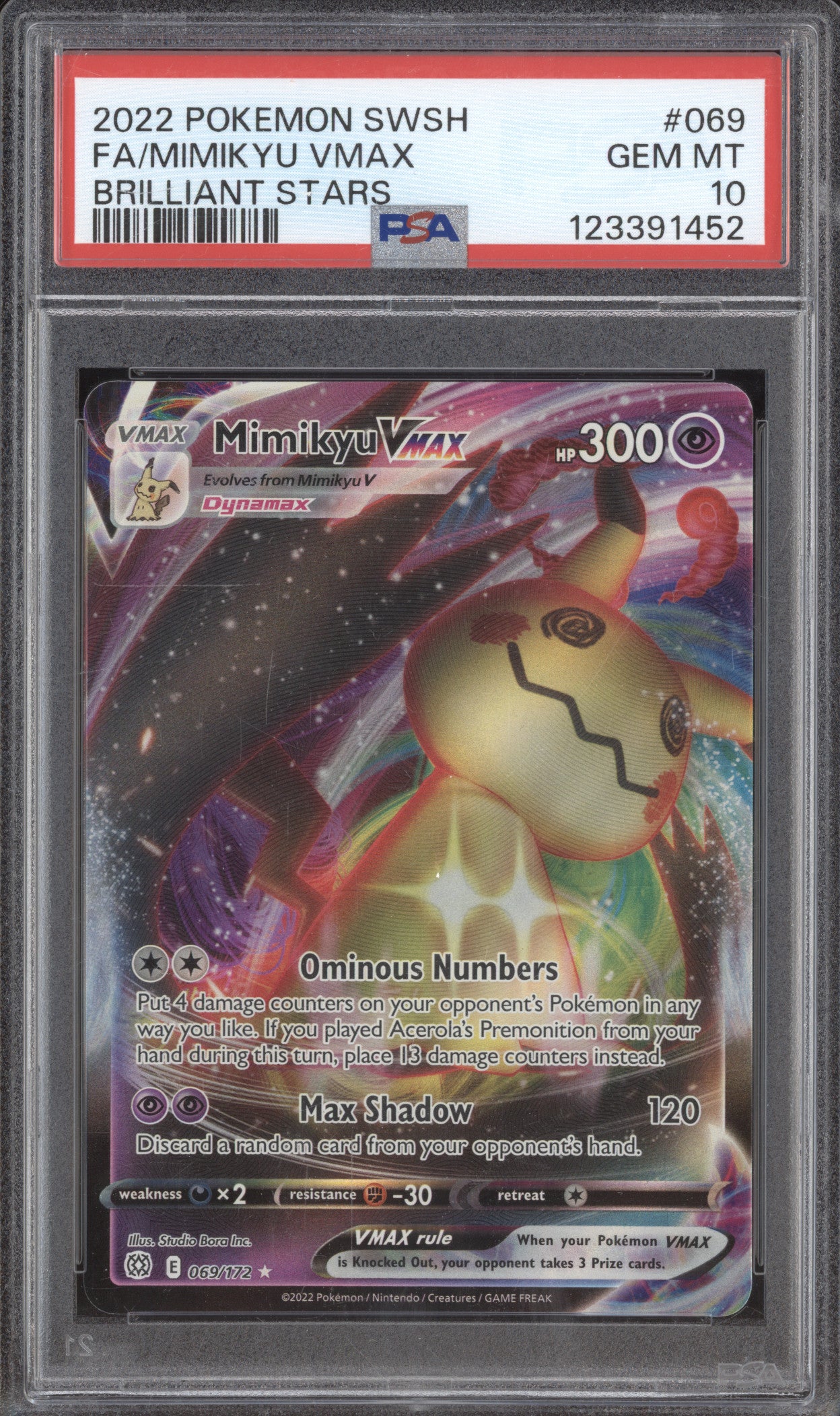2022 Pokemon Brilliant Stars 069/172 Mimikyu VMAX Full Art PSA 10