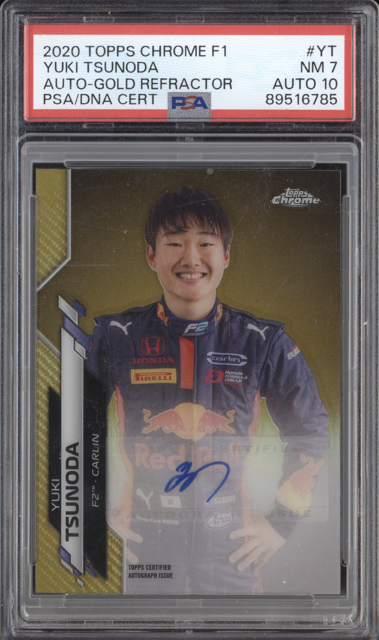 Yuki Tsunoda 2020 Topps Chrome F1 Gold Refractor Auto 39/50 PSA 7/0