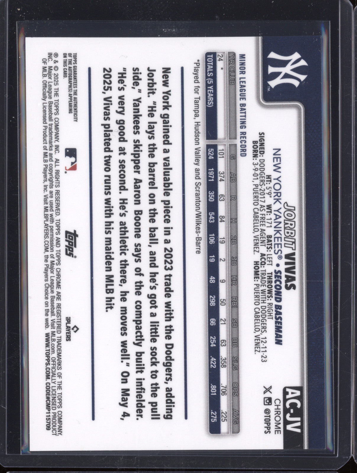 Jorbit Vivas 2025 Topps Chrome Update AC-JV RC Auto
