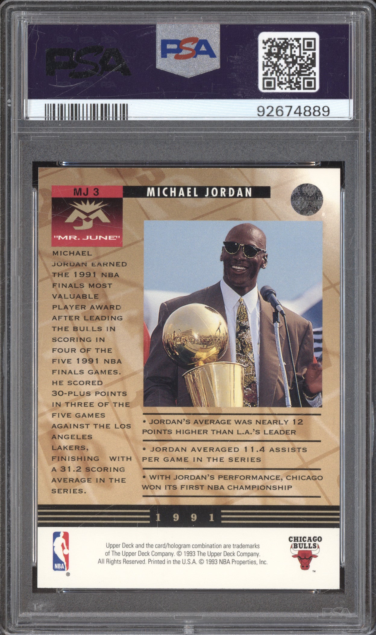 1993 Upper Deck MJ3 Michael Jordan NBA Finals MVP PSA 8