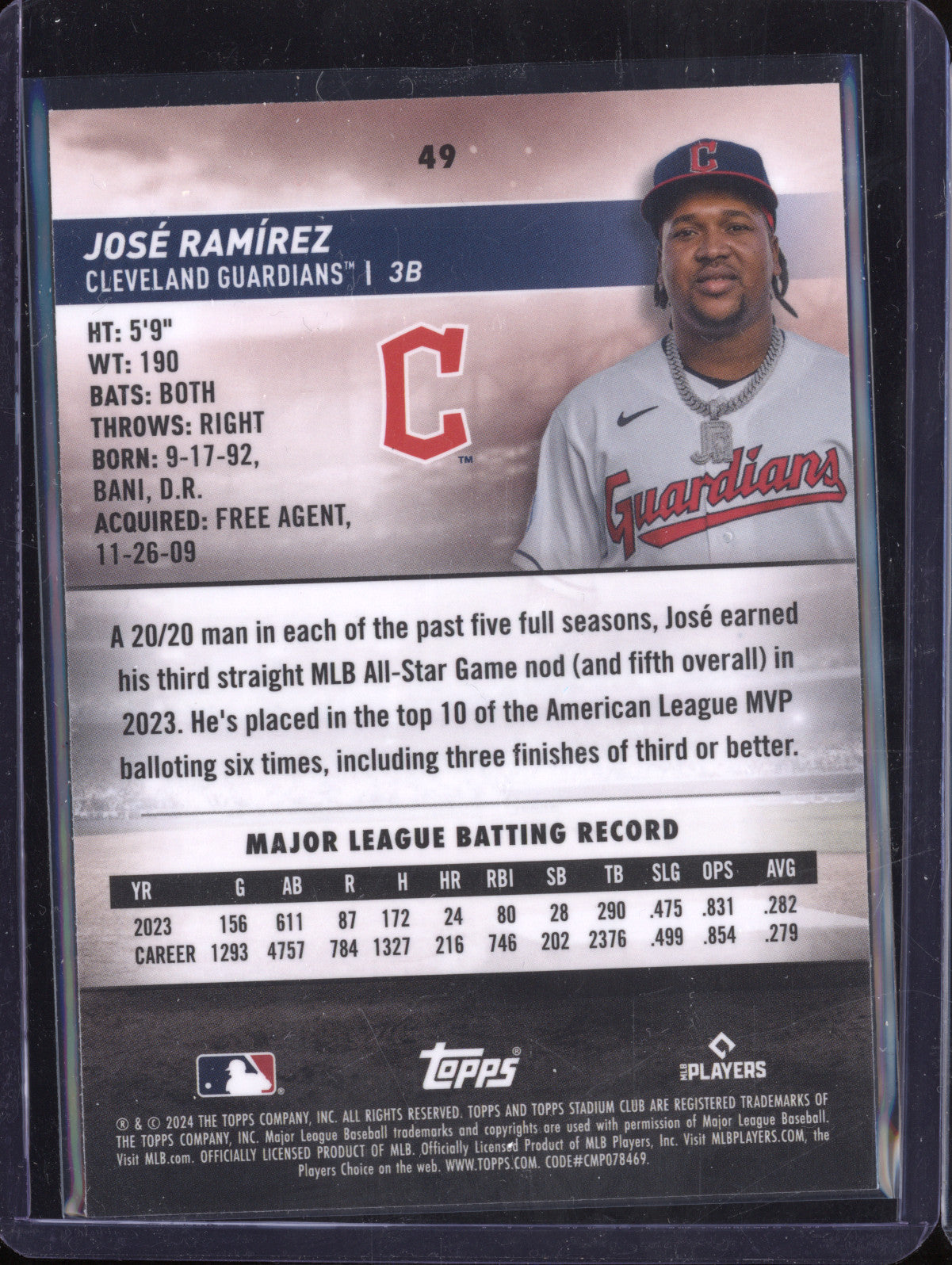 Jose Ramirez 2024 Topps Stadium Club 49 Gold Foil