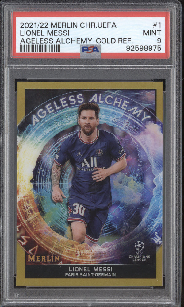 Lionel Messi 2021-22 Topps Merlin Chrome UEFA 1 Ageless Alchemy Gold 48/50 PSA 9