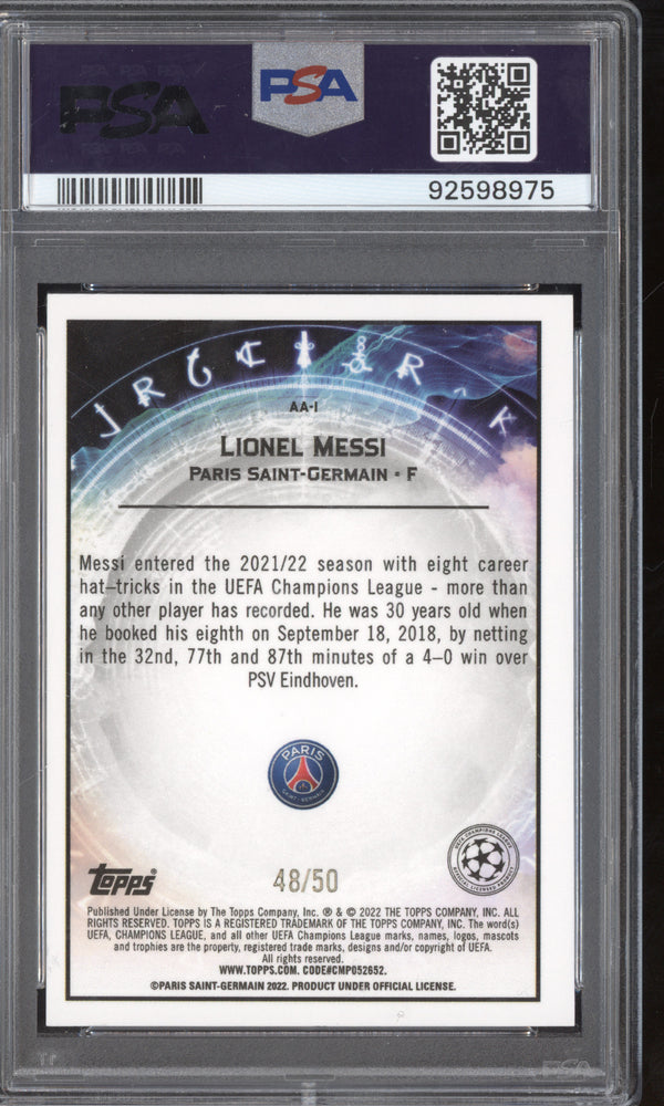 Lionel Messi 2021-22 Topps Merlin Chrome UEFA 1 Ageless Alchemy Gold 48/50 PSA 9