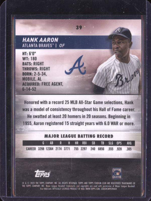 Hank Aaron 2024 Topps Stadium Club 39 Purple Refractor 1/75