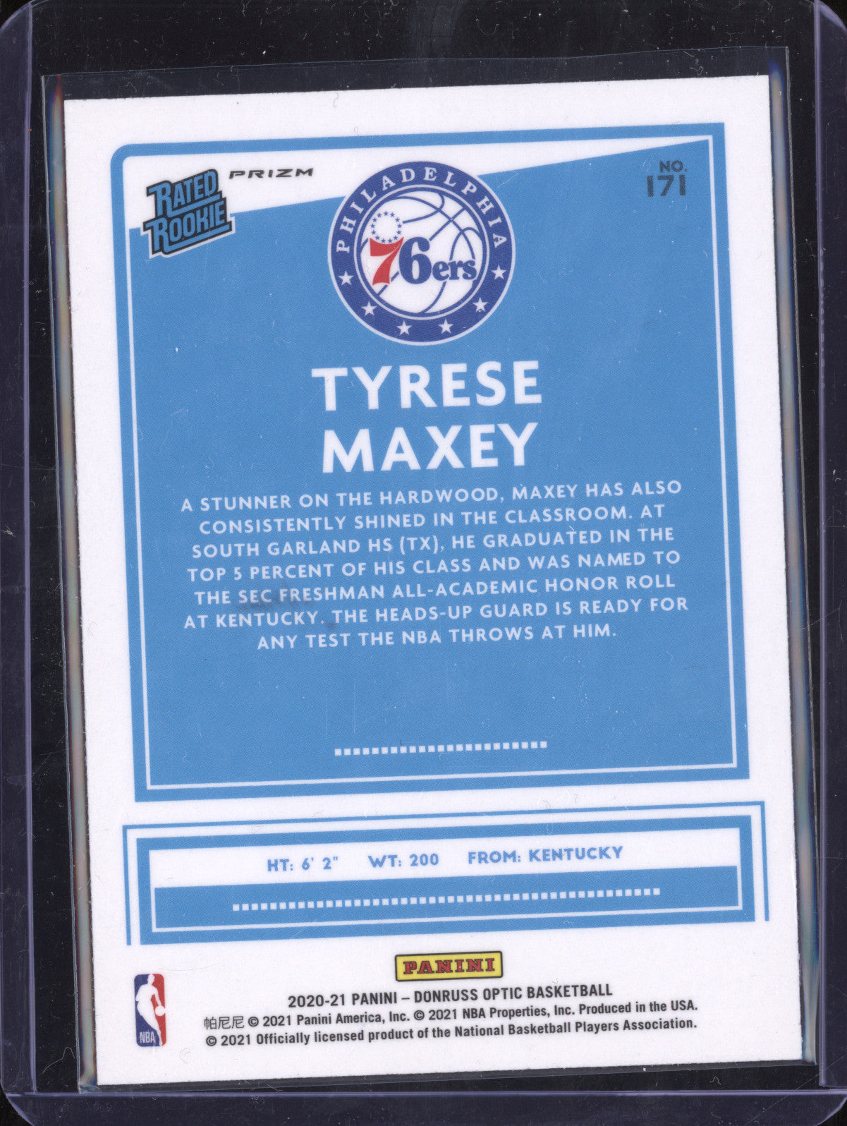 Tyrese Maxey 2020-21 Panini Donruss Optic 171 Blue Laser RC
