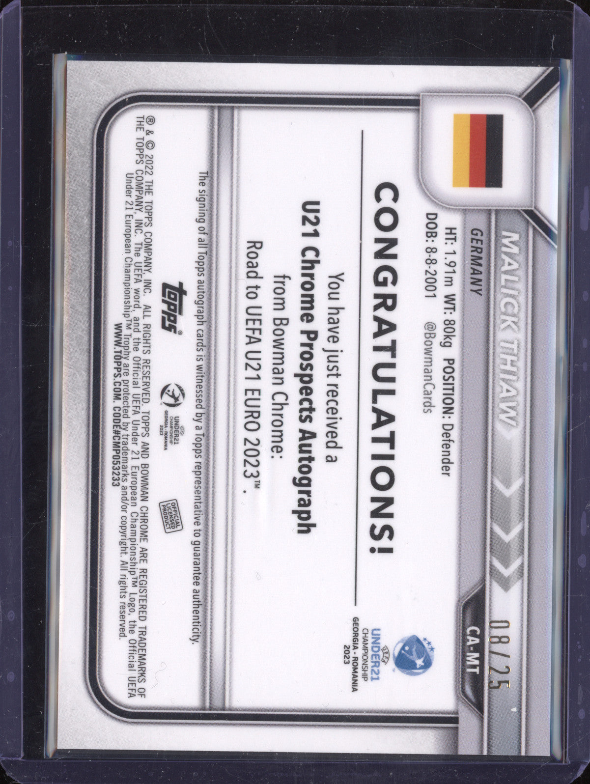 Malick Thiaw 2022 Bowman Chrome Under 21 Euro CA-MT 1st Orange Auto 8/25