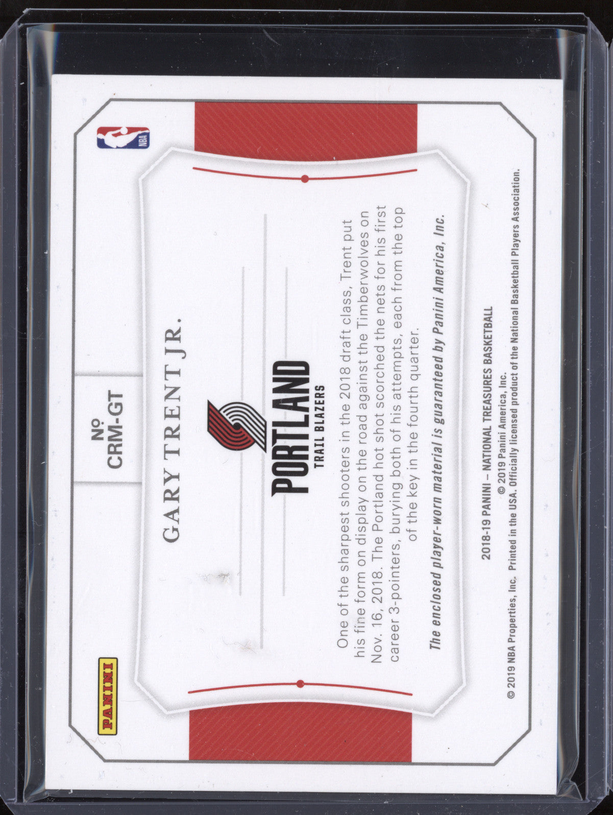 Gary Trent Jr 2018-19 Panini National Treasures Colossal Material Prime RC 23/25