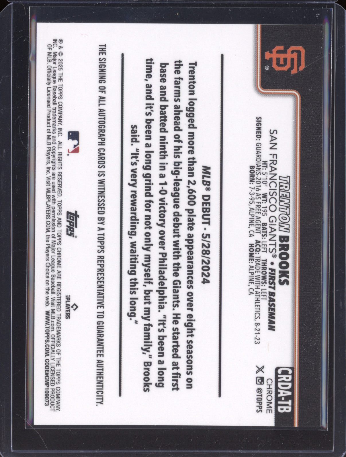 Trenton Brooks 2025 Topps Chrome Update CRDA-TB RC Auto
