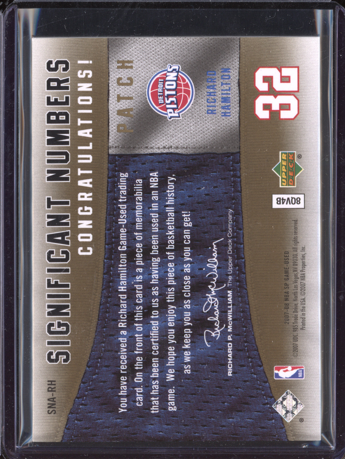 Richard Hamilton 2007-08 Upper Deck SP Game Used Significant Number Patch 9/35