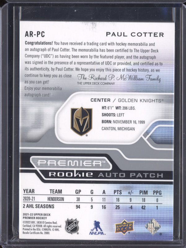 Paul Cotter 2021-22 Upper Deck Premier AR-PC Rookie Auto Patch RC 69/249