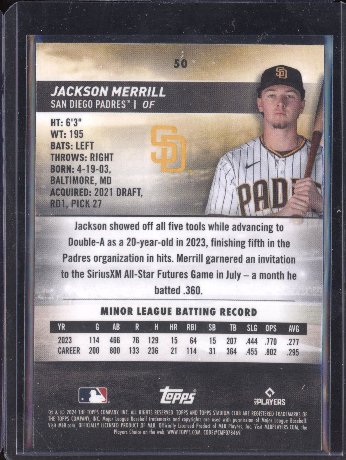 Jackson Merrill 2024 Topps Stadium Club 50 Purple Refractor RC 55/75