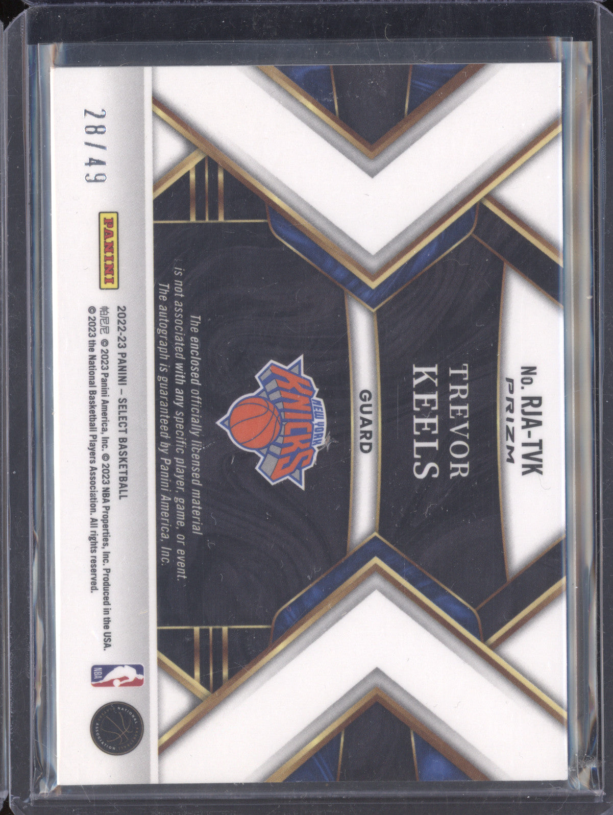 Trevor Keels 2022-23 Panini Select RJA-TVK Rookie Jersey Auto Blue RC 28/49