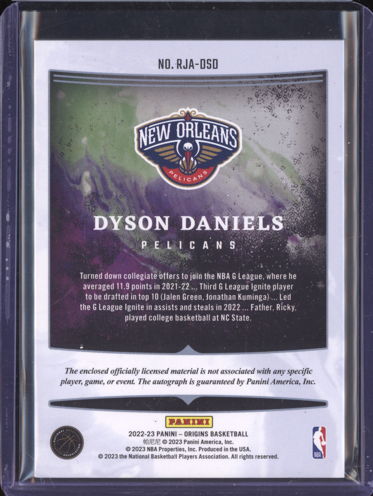 Dyson Daniels 2022-23 Panini Origins RJA-DSD Rookie Jersey Auto RC