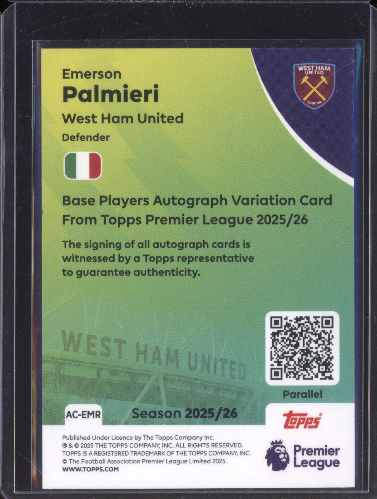 Emerson Palmieri 2025-26 Topps Premier League AC-EMR Auto Black & White 22/75