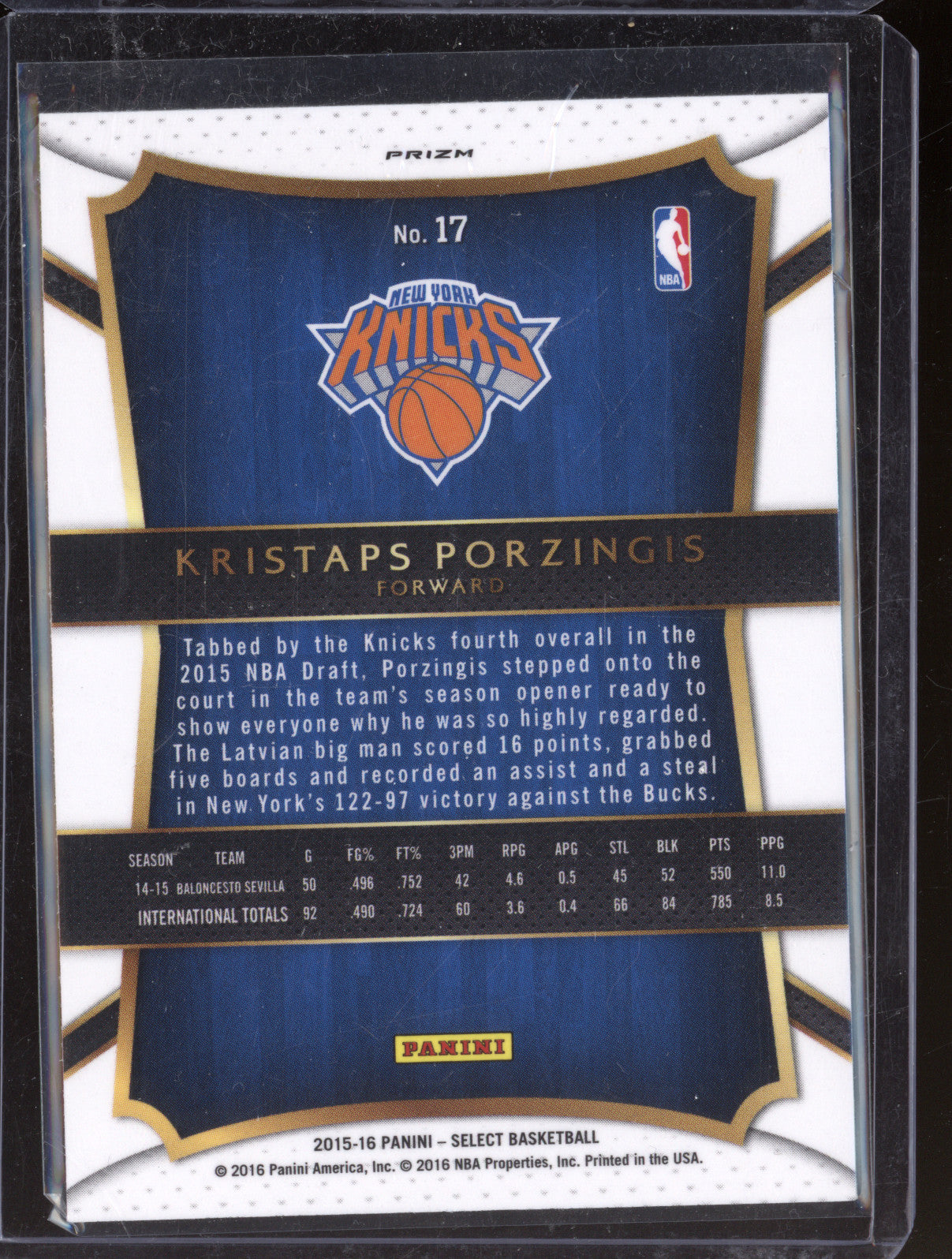 Kristaps Porzingis 2015-16 Panini Select 17 Tri-Color RC