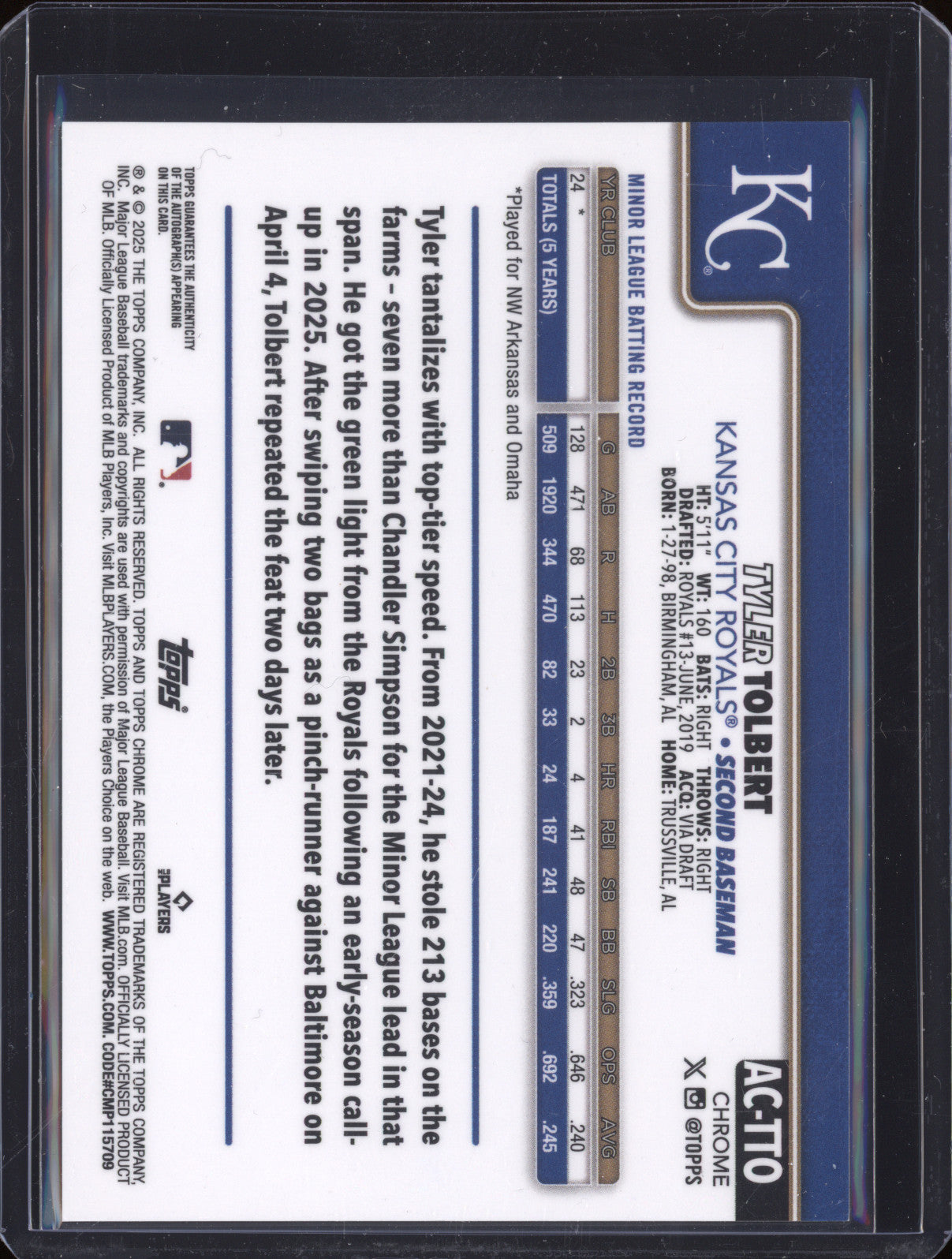 Tyler Tolbert 2025 Topps Chrome Update AC-TTO RC Auto