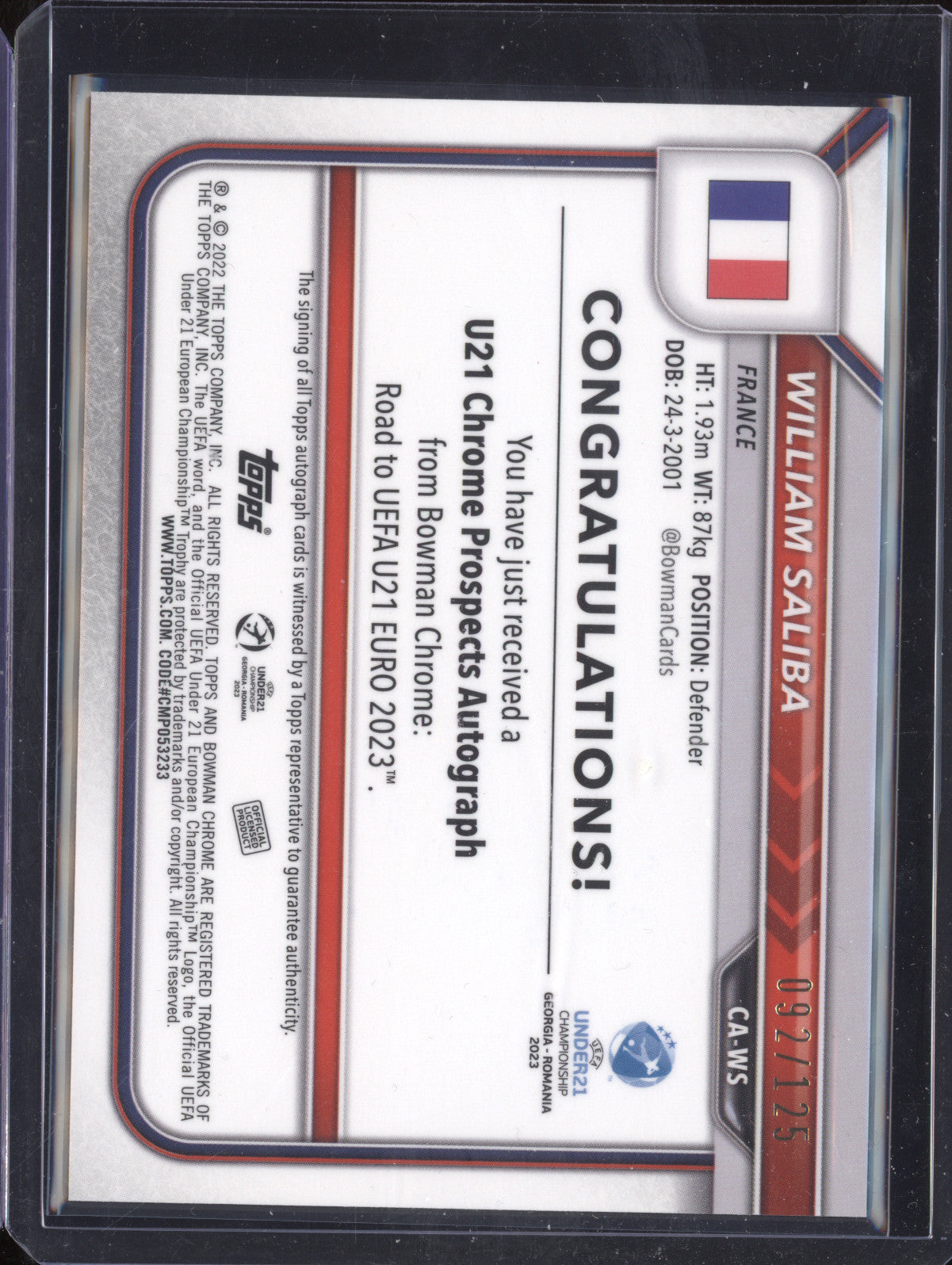William Saliba 2022 Bowman Chrome Under 21 Euro CA-WS 1st Cracked Ice Auto /125