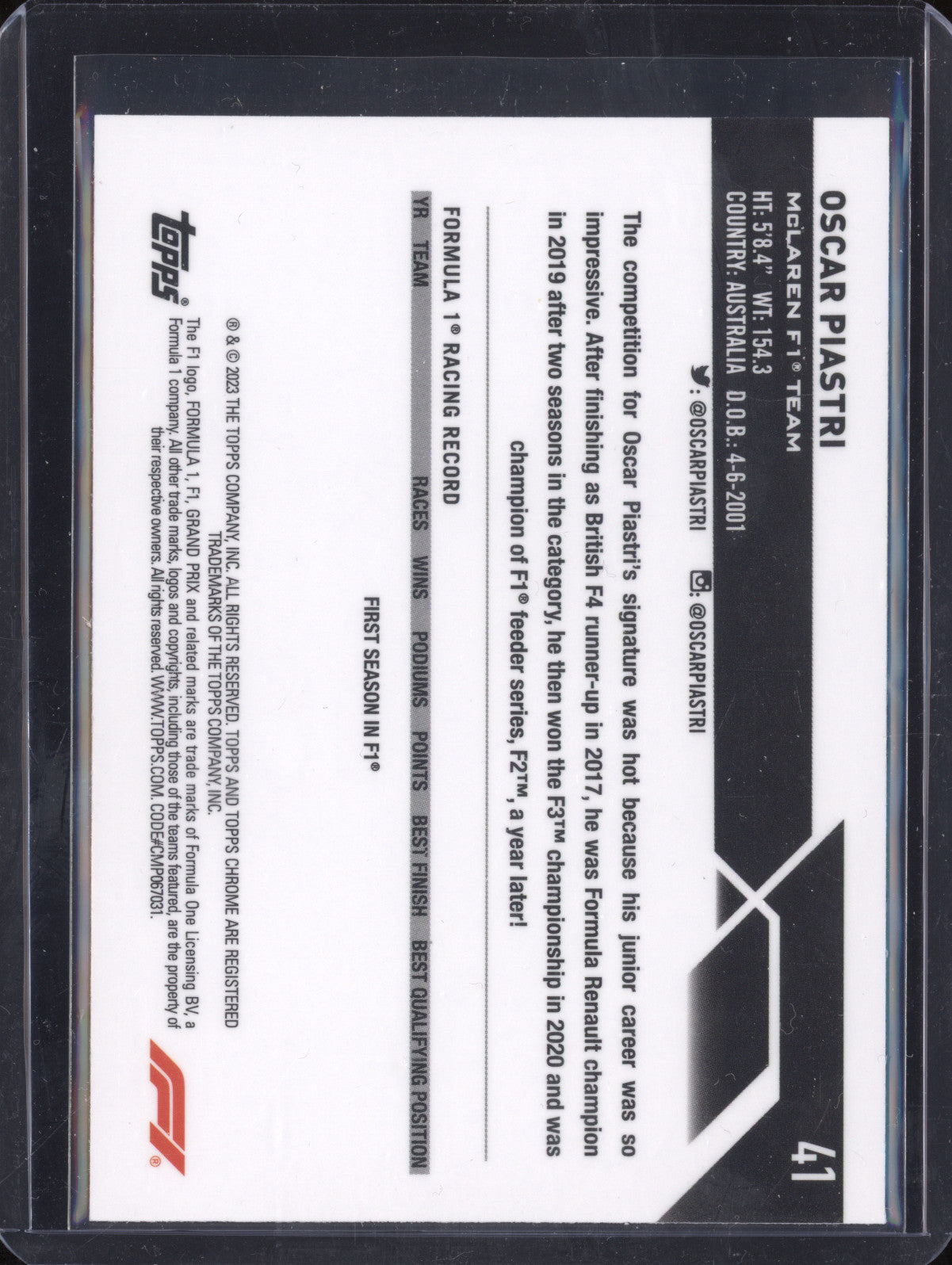 Oscar Piastri 2023 Topps Chrome 41 Purple Green Refractor RC