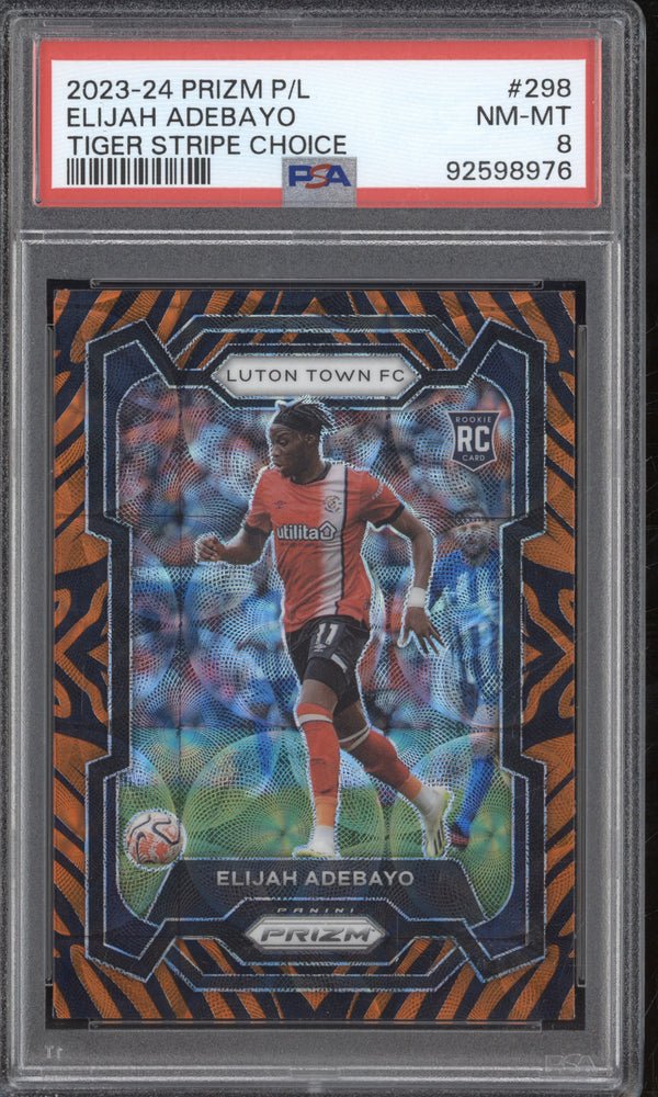 Elijah Adebayo 2023-24 Panini Prizm Premier League Tiger Stripe Choice RC PSA 8