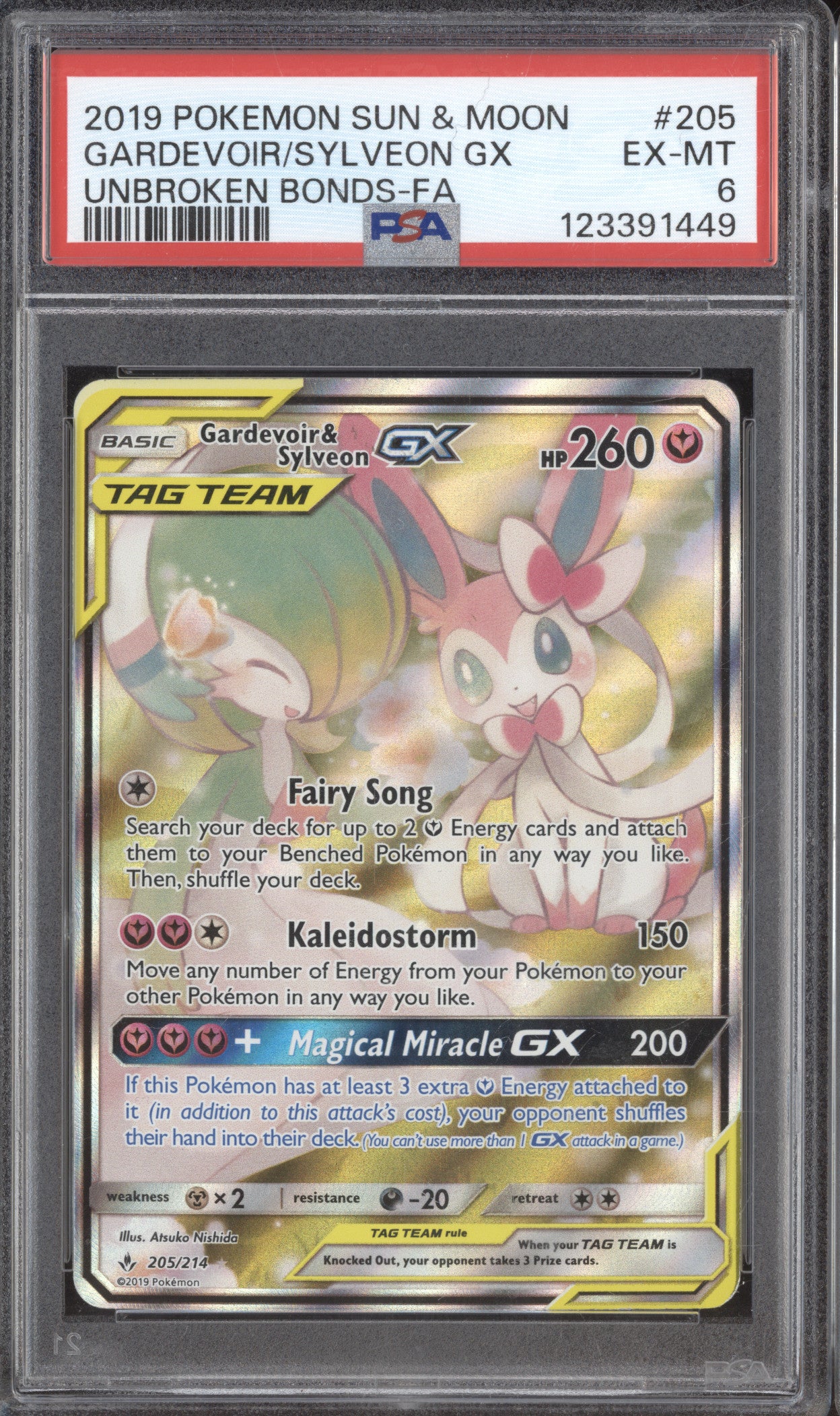 2019 Pokemon Unbroken Bonds 205/214 Gardevoir & Sylveon GX Full Art PSA 6